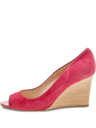 Tod's pre-owned 85mm peep-toe suede wedge pumps - women - Calf Leather/Calf Suede/Calf Leather - 40 - Red