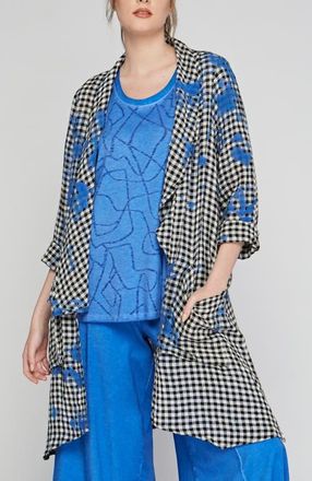 Luukaa D'Celli Jax Checkered Gauze Linen Duster in Blue at Nordstrom, Size 14