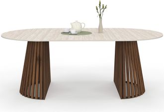 IDMarket Carmen Tavolo Da Pranzo Rotondo Allungabile 4-10 Persone Con Gambe A Doghe In Noce E Piano Effetto Travertino 110-200 Cm