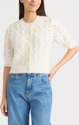 Ellen Tracy Womens Cable Knit and Pointelle Short Sleeve Cardigan