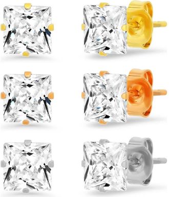 HMY Jewelry 3-Pack Cubic Zirconia Square Stud Earrings in Metallic-Yellow-Rose at Nordstrom Rack