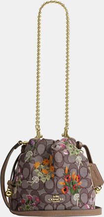 Coach Womens Faye Mini Drawstring Bag In Signature Jacquard With Floral Embroidery - Brown - One Size