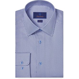 David Donahue Slim Fit Geometric Print Dress Shirt in Blue/Berry at Nordstrom, Size 15 - 32