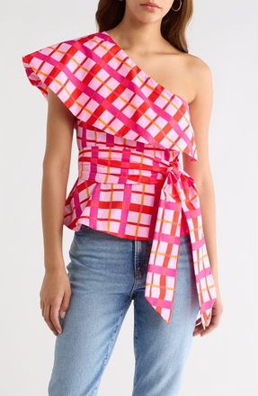 Sugarlips Darvy Plaid One-Shoulder Cotton Top in Pinks-Orange at Nordstrom, Size X-Small