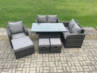 Fimous Rattan Furniture Garden Dining Set Outdoor Height Adjustable Rising lifting Table Love Sofa Chair With 3 Footstools in Dark Grey