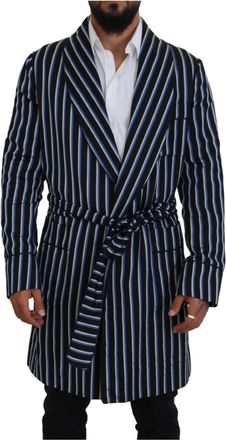 Dolce & Gabbana Zwarte Blauwe Martini Bedrukte Voering Badjas - Heren - Jas met riem - Zwart - M - Polyester - Jassen