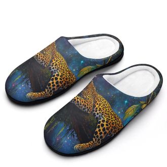 Generic Leopard Moon Womens Slippers Warm House Slippers Indoor House Shoes with Anti-Skid Rubber Sole