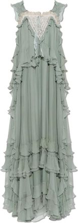 Chlo&eacute; Zijden jurk met kanten rand - Dames - Maxi kleedjes - Groen - XS - Leer - Kleedjes