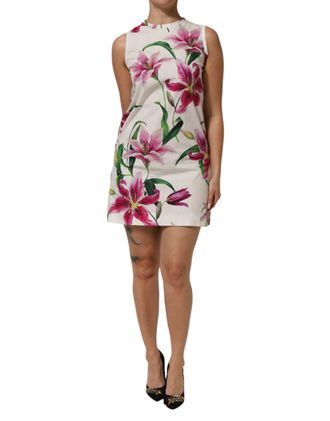 Dolce & Gabbana White Cotton Floral Sleeveless Mini Womens Dress