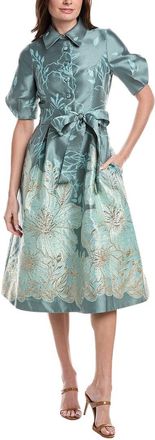 Teri Jon by Rickie Freeman Teri Jon By Rickie Freeman Metallic Jacquard Flower Border Print Puff Sleeve Dress