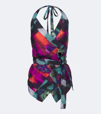 Dries Van Noten Printed moir&eacute; wrap top