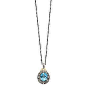 Diamond2Deal Sterling Silver with 14K Accent Diamond and Oval Blue Topaz Pendant Necklace
