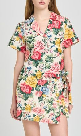 Wayf Amelia Short Sleeve Linen Blend Top in Ivory Roses at Nordstrom, Size X-Small