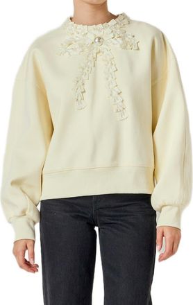 English Factory Beaded Ribbon Neck Sweatshirt in Cream at Nordstrom, Size X-Small