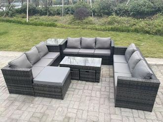 Fimous Rattan Garden Furniture Lounge Sofa Set With Oblong Rectagular Coffee Table Big Footstool in Dark Grey