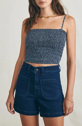 Faherty Alisee Top Womens Navy Riverton Ditsy Smocked Cropped Preppy DDR2303