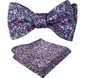 Alizeal Mens Floral Self Tied Bow Tie and Pocket Square for Wedding Party Business Tie Set, Navy+Blue+Pink