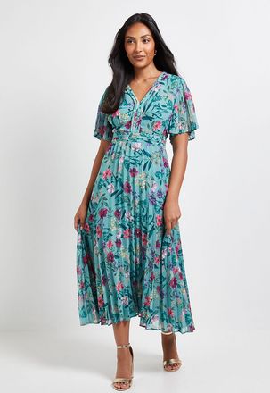 Wallis Womens Petite Floral Chiffon Pleated Sleeve Midi Dress - Green - Size 14 UK
