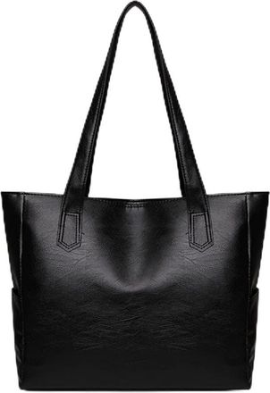 Generic Universal Solid Color Top-handle Bag Autumn PU Leather Shoulder Satchel Portable Street Daily Handbag Street Shopping (Black)