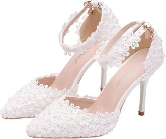 Generic White Lace Floral Wedding Shoes Pointed Toe High Heels with Ankle Strap Bridal Dress Shoes for Bride Wedding Party Footwear UK Size 39