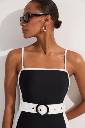 Karen Millen Womens Contrast Panelled Bandeau Swimsuit With Belt - Monochrome Multi