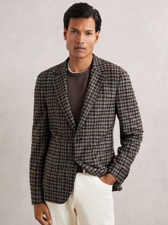 Reiss Brown Wool-blend Dogtooth Check Tailored-fit Blazer, 40R