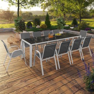 IDMarket Conjunto De Muebles De Jard&iacute;n Madrid Mesa 240 Cm Y 10 Sillas Apilables Blanco Y Gris