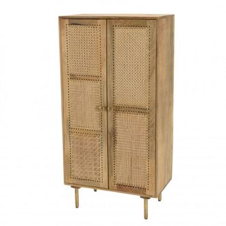 Macabane Mueble alto con 2 puertas de madera de mango marr&oacute;n y rat&aacute;n natural