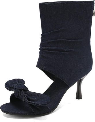 Generic Womens Bowknot Decor Open Toe Summer Sandals Wrap Ankle Zip Up Stiletto Heel Pumps Shoes for Casual and Party (7.5,Deep Blue)