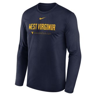 Nike West Virginia Courtside Basketball Shootaround Legend Nike Mens Dri-FIT College Long-Sleeve T-Shirt in Blue | 02TJ41SWVN-NK9
