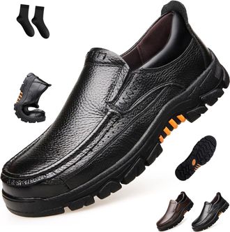 Generic Mens Slip-On Casual Leather Shoes Soft Thick Sole Non-Slip Business Casual Stylish Handmade Orthopedic Walking Leather Shoes (Black,9.5)