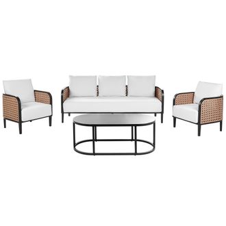 Beliani Conjunto De Jard&iacute;n Exterior Metal 5 Plazas Sof&aacute; Y Sillones De Aluminio Con Cojines Gruesos Blanco Crema Impermeable Respaldo Trenza Vienesa Rat&aacute;n Sint