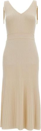 Elisabetta Franchi Lange Geribbelde Open Gebreide Jurk - Dames - Casual kleedjes - Beige - L - Kleedjes