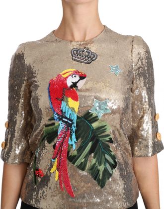 Dolce & Gabbana Womens Gold Sequined Parrot Crystal Blouse Elastane