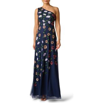 Adrianna Papell Beaded One-Shoulder Mesh Gown in Navy Multi at Nordstrom, Size 14