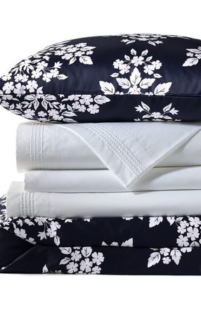 Lands End 700 Thread Count Luxe Sateen Egyptian Cotton No Iron Bed Pillow Sham in Deep Sea Navy/white Floral at Nordstrom, Size Twin
