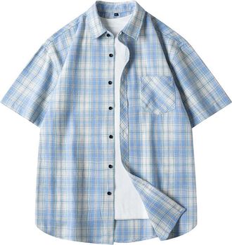 Generic Mens Checked Shirt Short Sleeve Flannel Shirt for Men Fashion Lightweight Lapel Collar Button Down Summer Casual Tops Breathable Versatile Daily Wear 