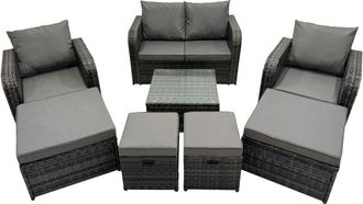 Fimous Rattan Garden Outdoor Furniture Set Love Sofa Reclining Chair Square Coffee Table Set with 4 Stools Dark Grey Mixed - Fimous