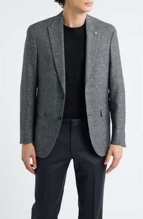 AllSaints Rawdon Slim Fit Black M&eacute;lange Wool & Linen Peak Lapel Sport Coat in Black White at Nordstrom, Size 36 Regular