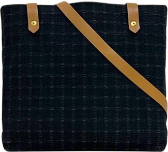 Herm&egrave;s Navy Cotton Canvas Leather Shoulder Bag Tote Bag (Pre-Owned)