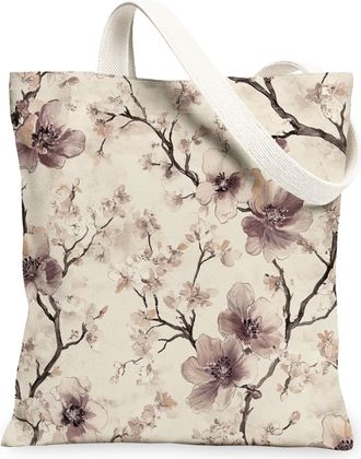 Generic Spring Plum Bossoms Flower Canvas Tote Bag for Shopping 13x15, Aesthetic Retro Floral Reusable Grocery Print Pattern Bag for Women, Vintage Beach Aest