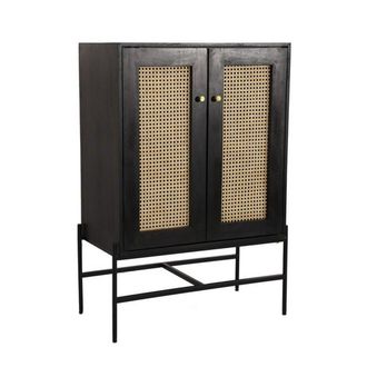 Jaipur Furniture Rattan 2 Door Highboard Cabinet - Mango Wood/Iron - L45 x W80 x H120 cm - Black Finish with Natural Rattan - Assembly Required