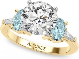 Allurez Round Lab Grown Diamond & Oval Aquamarine Engagement Ring 18K Yellow Gold (3.98ct)