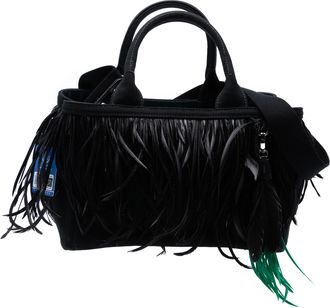 Prada Black Small Feather Trimmed Canvas Canapa Satchel
