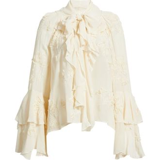Mango Blusa Gigi Floral Embroidered Tie Mock Neck Top in Ecru at Nordstrom, Size 4