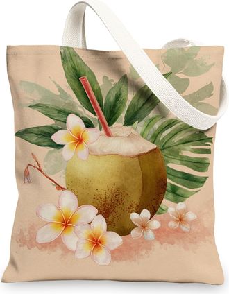Generic Tropical Coconut Canvas Tote Bag, Reusable Eco-Friendly Grocery Bags, Stylish Lightweight Beach Shoulder Strap Bags, Beige, 13x15 Inch