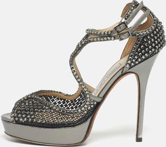 Jimmy Choo London Metallic Silver Mesh And Leather Crystal Embellished Ankle Strap Sandals