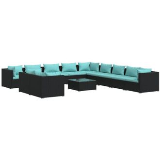 vidaXL Set De Sof&aacute;s De Jard&iacute;n 12 Pzas Cojines Rat&aacute;n Sint&eacute;tico Negro Vidaxl