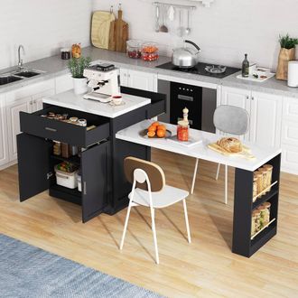 Matteo Two-Tone Kitchen Island with Extendable Dining Table, Power & Storage in Black
