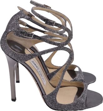 Jimmy Choo London Lang Anthracite Lam&eacute; Sandals in Silver Glitter